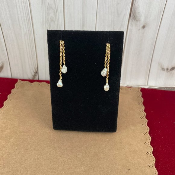 Vintage 14K Gold 1.5 MM Rope Chain Earrings 2 Strands with 3x4MM Rice Pearls - Picture 4 of 6